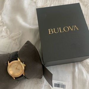 💯 Bulova Gold Black Leather Watch- 97V25